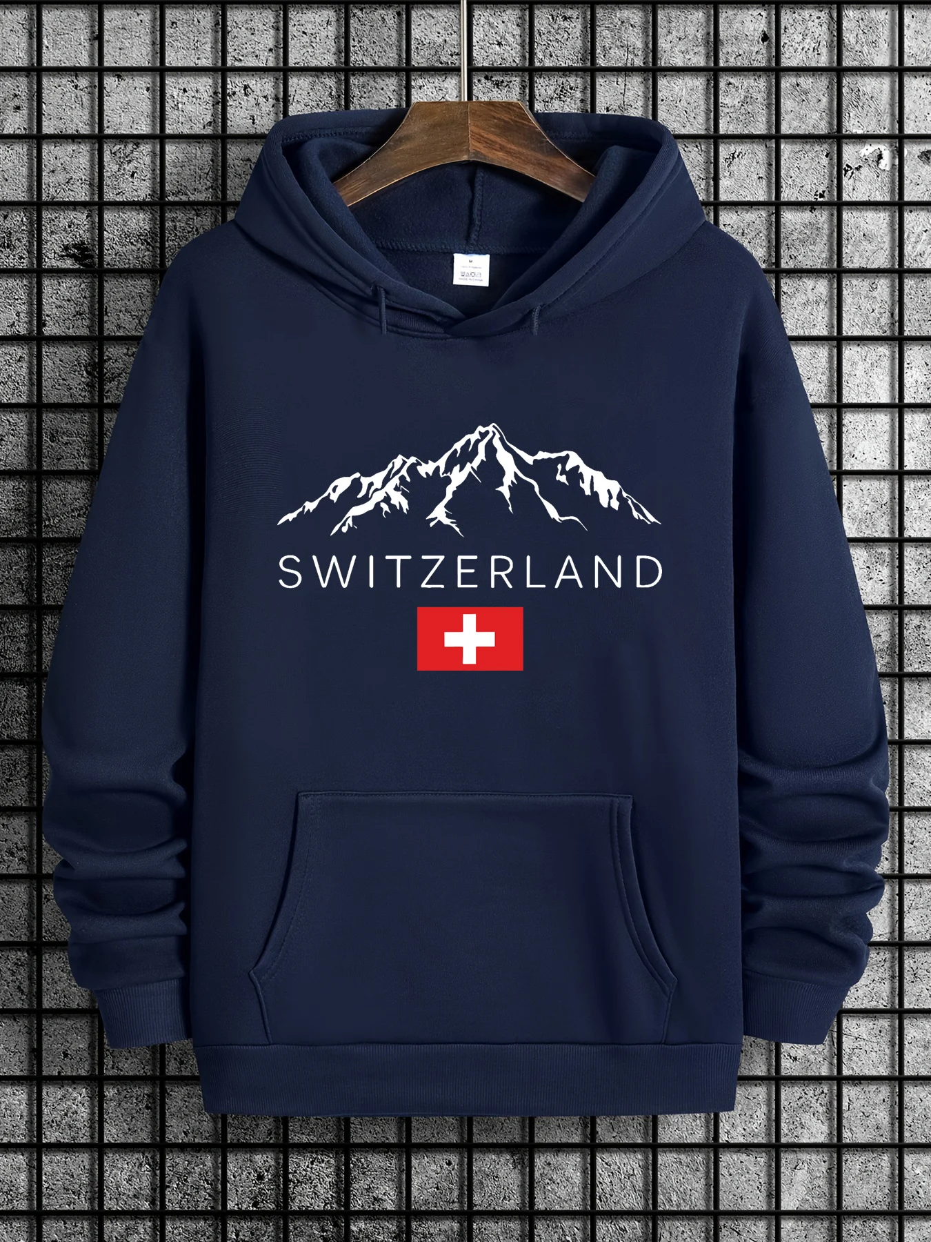 Men's Autumn/Winter Casual Fashion Loose Hoodie Swiss Mountain Pattern Printed Long Sleeve Warm Hoodie