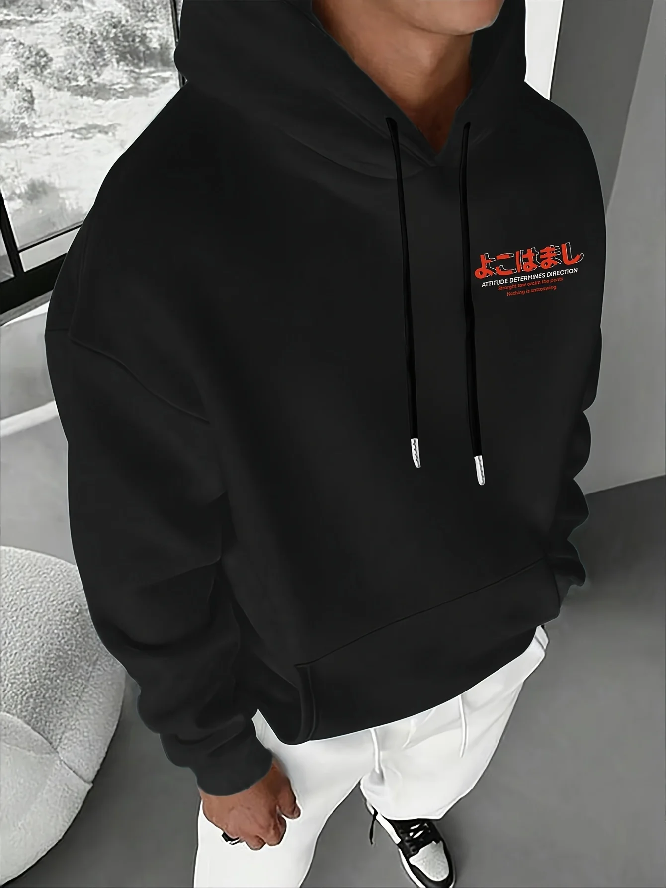 Men's Autumn and Winter Casual Fashion Loose Tokyo Pattern Printed Long-Sleeved Hooded Sweatshirt Warm Pullover
