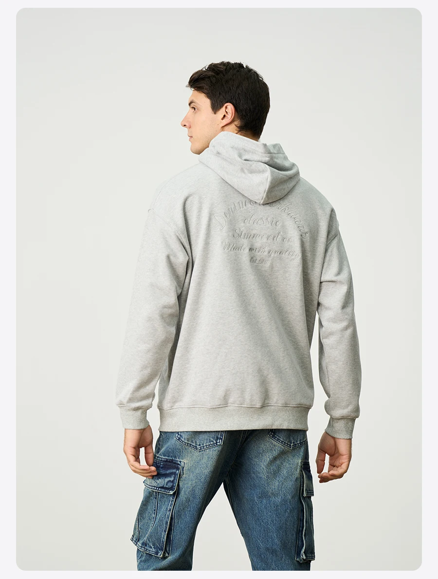 SIMWOOD Autumn Winter Ultra-Soft Men's Hoodie Heavyweight 400gsm Brushed Interior Carbon Peached Pullover with Letter Embroidery