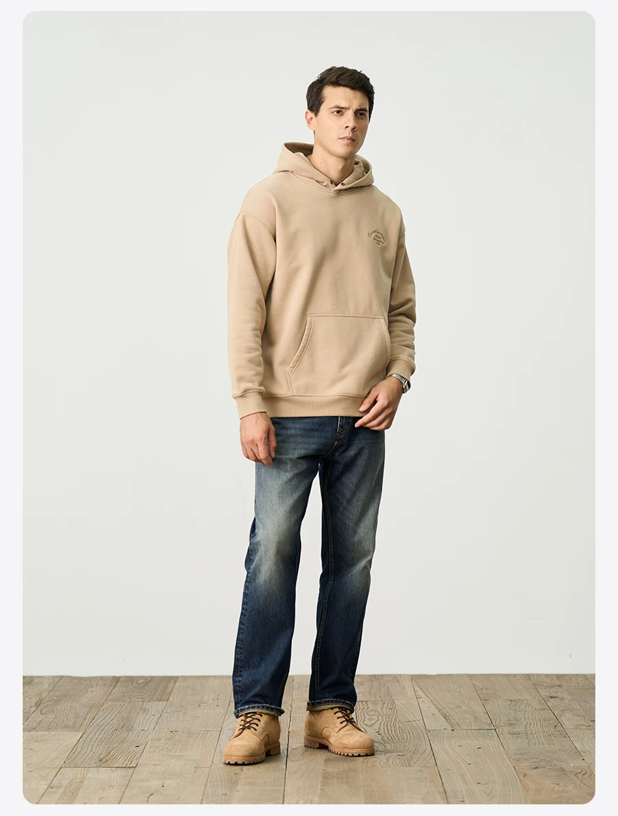 SIMWOOD Autumn Winter Ultra-Soft Men's Hoodie Heavyweight 400gsm Brushed Interior Carbon Peached Pullover with Letter Embroidery