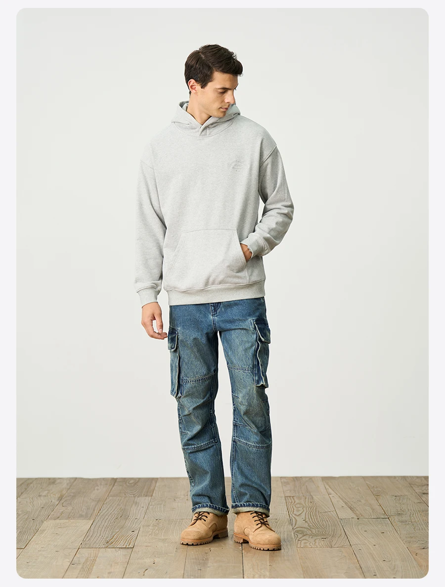 SIMWOOD Autumn Winter Ultra-Soft Men's Hoodie Heavyweight 400gsm Brushed Interior Carbon Peached Pullover with Letter Embroidery