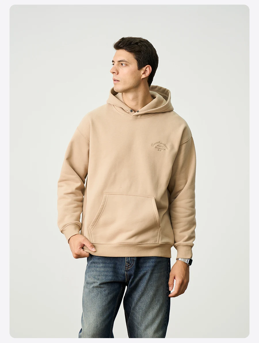 SIMWOOD Autumn Winter Ultra-Soft Men's Hoodie Heavyweight 400gsm Brushed Interior Carbon Peached Pullover with Letter Embroidery