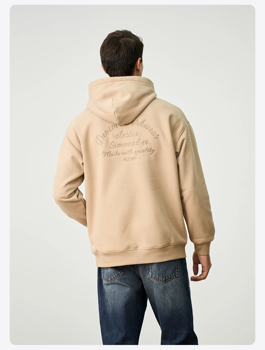 SIMWOOD Autumn Winter Ultra-Soft Men's Hoodie Heavyweight 400gsm Brushed Interior Carbon Peached Pullover with Letter Embroidery