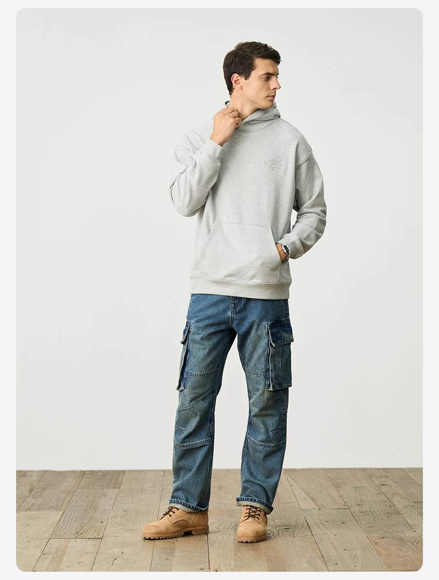 SIMWOOD Autumn Winter Ultra-Soft Men's Hoodie Heavyweight 400gsm Brushed Interior Carbon Peached Pullover with Letter Embroidery