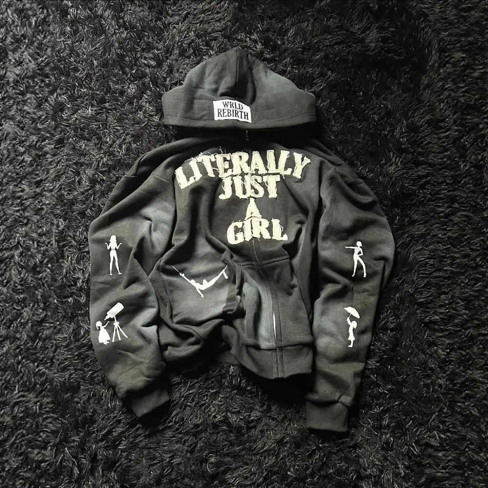 Y2K Hip Hop Hoodie Men Women 3D Print Letter Streetwear Loose Zip Up Cardigan Casual Oversized Pullover Sweatshirt Vintage Trend