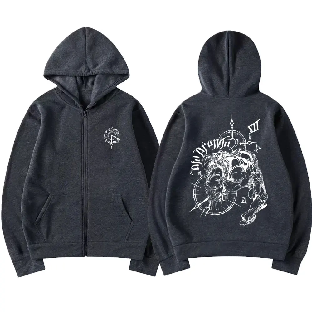 Anime JoJo's Bizarre Adventure Zipper Hoodie Drop Dio Over Heaven Print Zip Up Jacket Men Women Casual Vintage Zip Up Sweatshirt