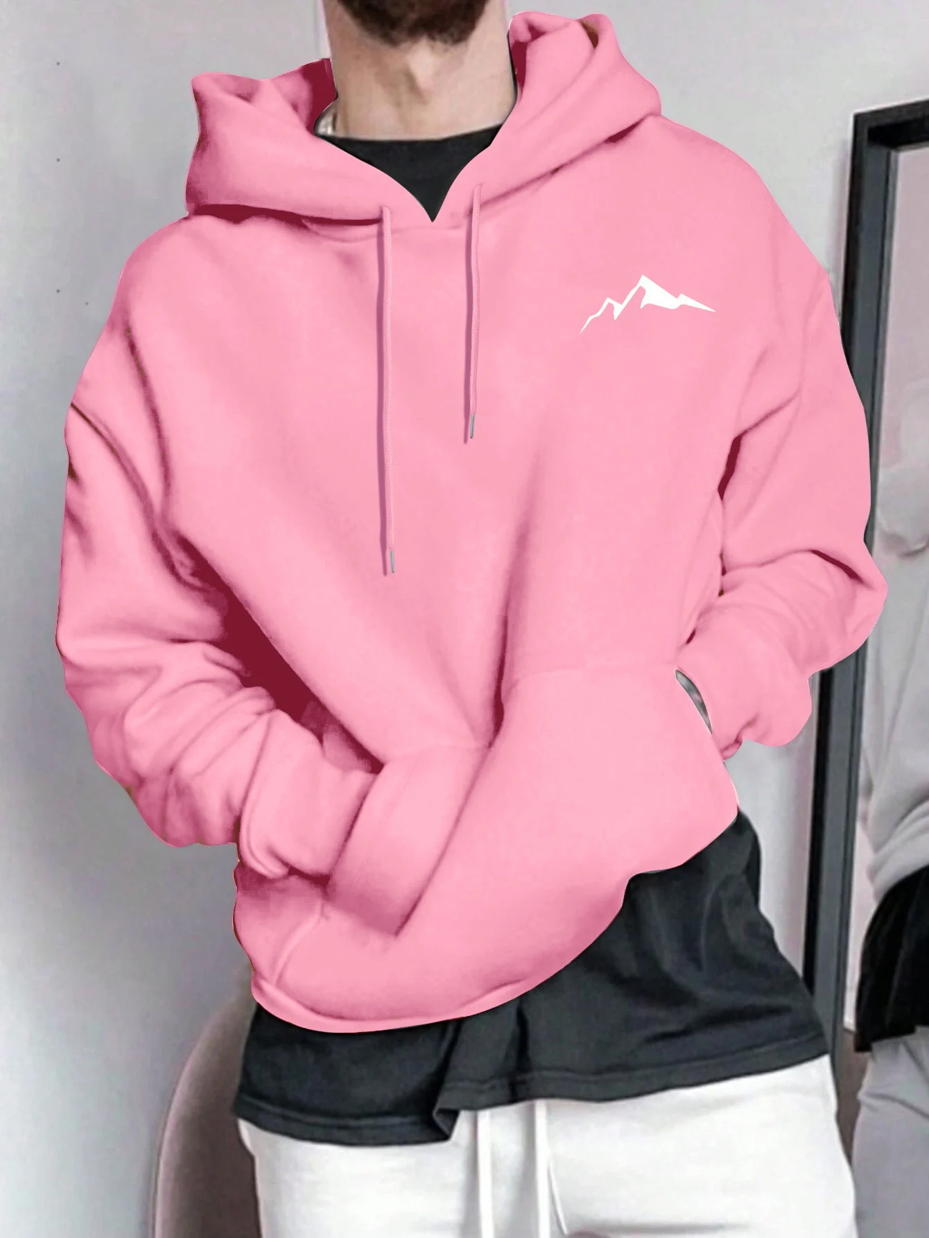 Men's Autumn and Winter Casual Fashion Loose Mountain Graphic Print Long Sleeved Hooded Sweatshirt Warm Pullover
