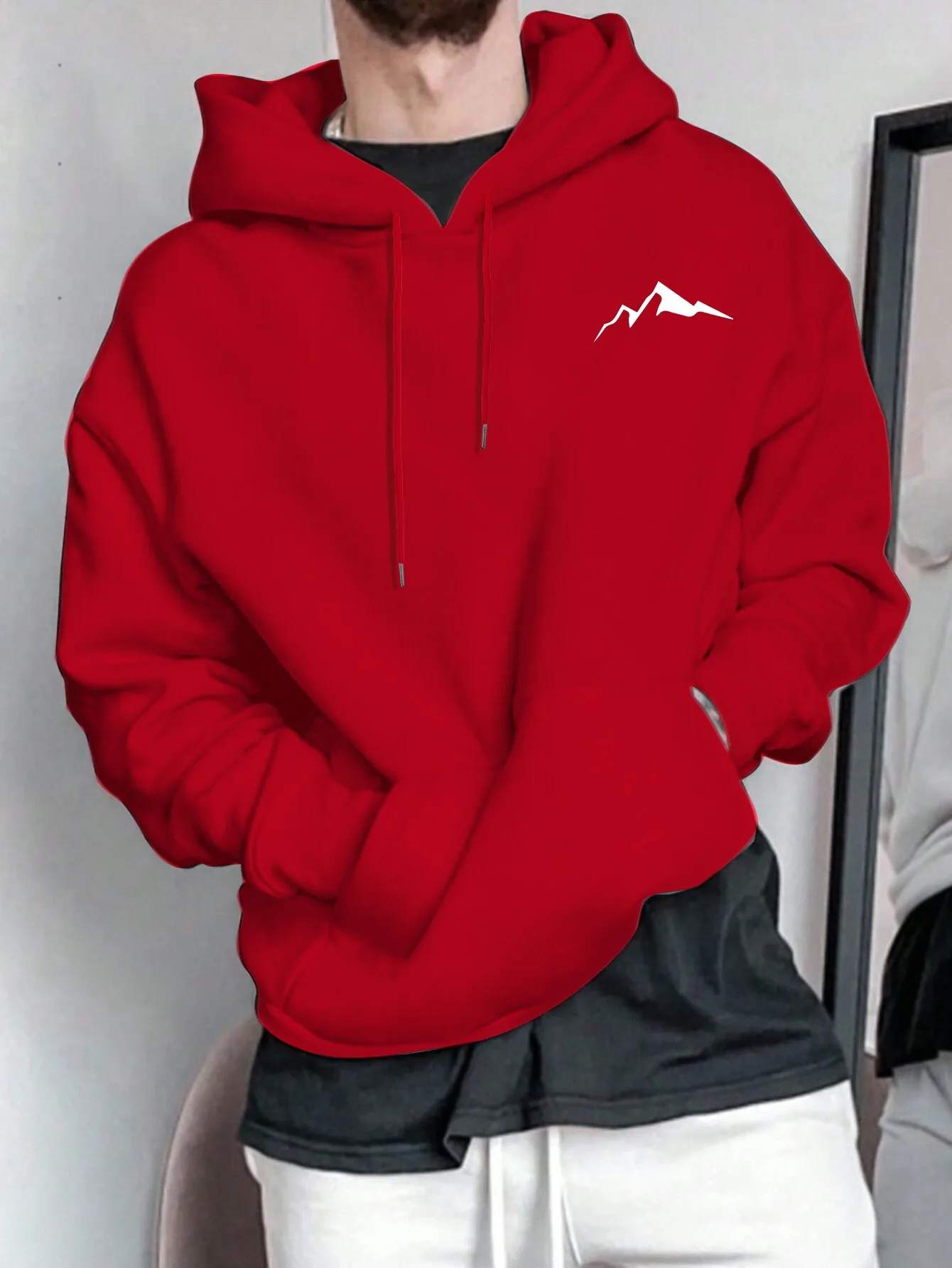 Men's Autumn and Winter Casual Fashion Loose Mountain Graphic Print Long Sleeved Hooded Sweatshirt Warm Pullover