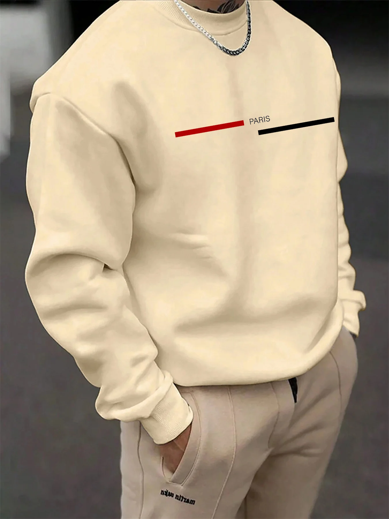 Men's Autumn and Winter Fashionable Casual Loose Paris Letter Graphic Printed Long-Sleeved Round Neck Sweatshirt