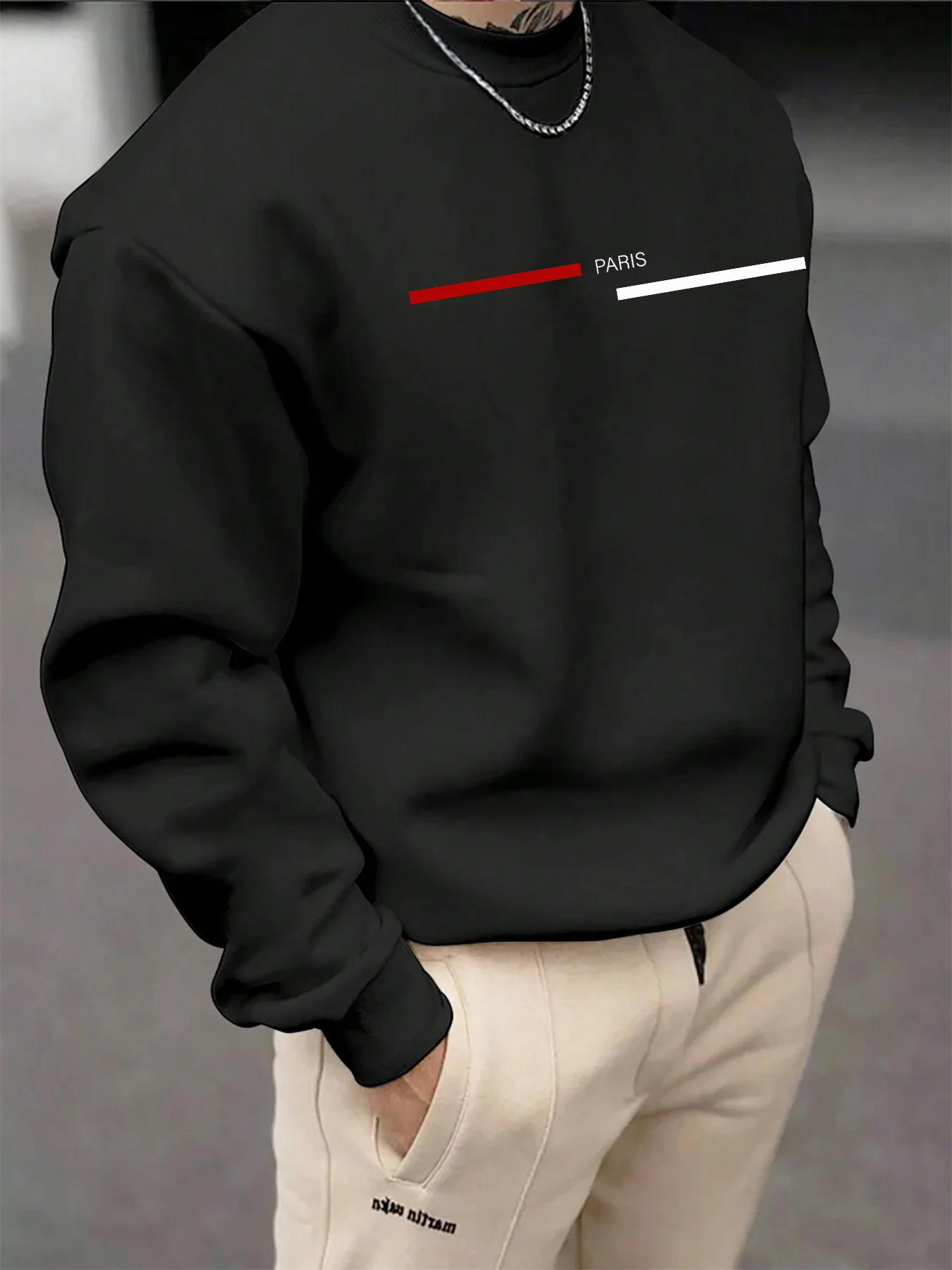 Men's Autumn and Winter Fashionable Casual Loose Paris Letter Graphic Printed Long-Sleeved Round Neck Sweatshirt