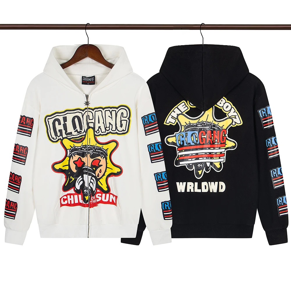 High Street Graffiti Letter Print Terry Zipper Hooded Hoodies for Men and Women Cardigan Hip Hop Loose Cotton Sweatshirts Jacket