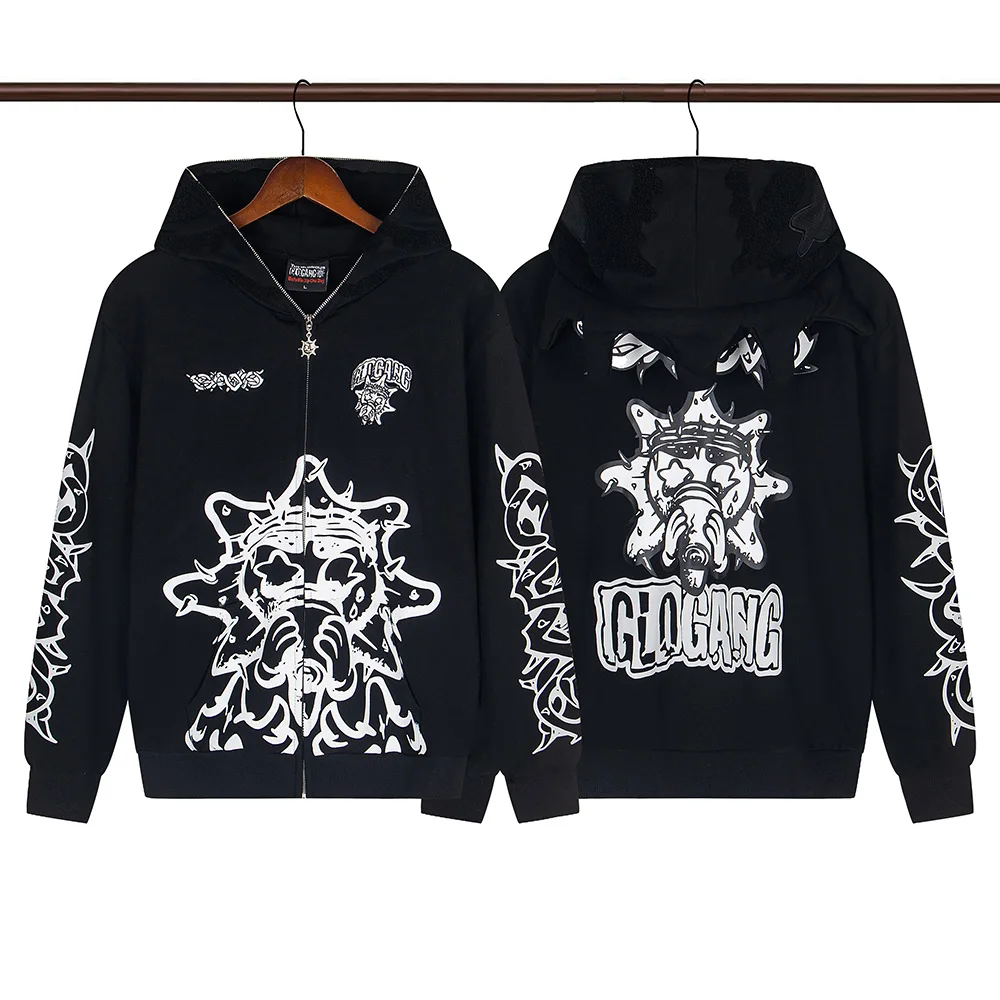 High Street Graffiti Letter Print Terry Zipper Hooded Hoodies for Men and Women Cardigan Hip Hop Loose Cotton Sweatshirts Jacket