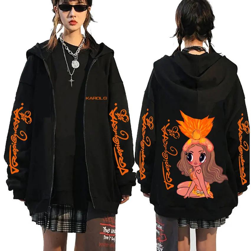 Karol G Tropicoqueta 2025 Zipper Hoodie Men Women Fashion Pop Music Zip Up Jacket Coat Unisex Casual Oversized Zip Up Sweatshirt