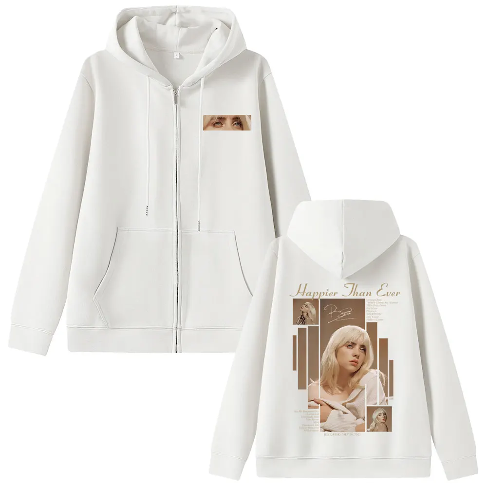 Hot Happier Than Ever 2025 Zipper Hoodie Men Women Fashion Pop Music Zip Up Hoodies Male Vintage Hip Hop Oversized Jacket Coat
