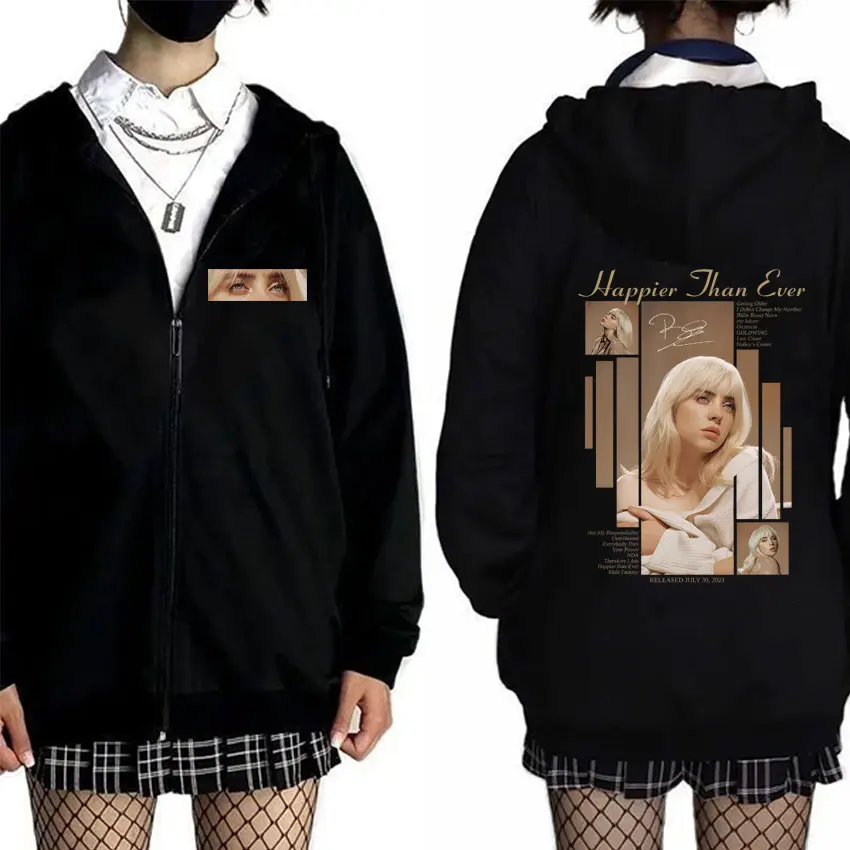Hot Happier Than Ever 2025 Zipper Hoodie Men Women Fashion Pop Music Zip Up Hoodies Male Vintage Hip Hop Oversized Jacket Coat