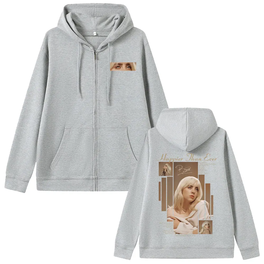 Hot Happier Than Ever 2025 Zipper Hoodie Men Women Fashion Pop Music Zip Up Hoodies Male Vintage Hip Hop Oversized Jacket Coat