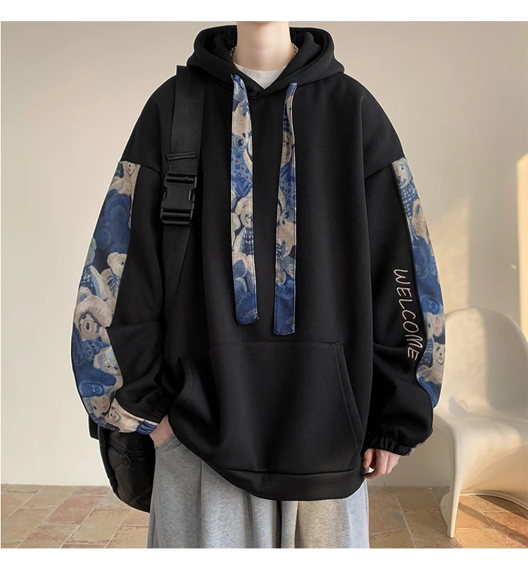 Korean Style Streetwear Men Hooded Sweatshirt Trendy Side Embroidery Design Loose Hoodie Casual Drawstring Hoodies