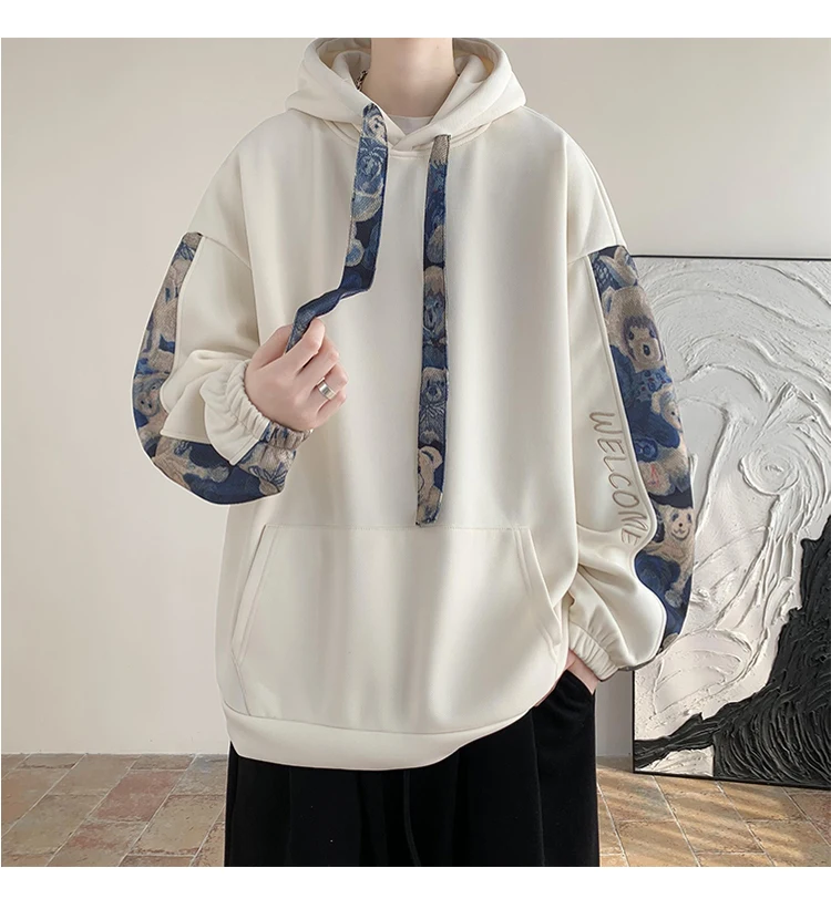 Korean Style Streetwear Men Hooded Sweatshirt Trendy Side Embroidery Design Loose Hoodie Casual Drawstring Hoodies