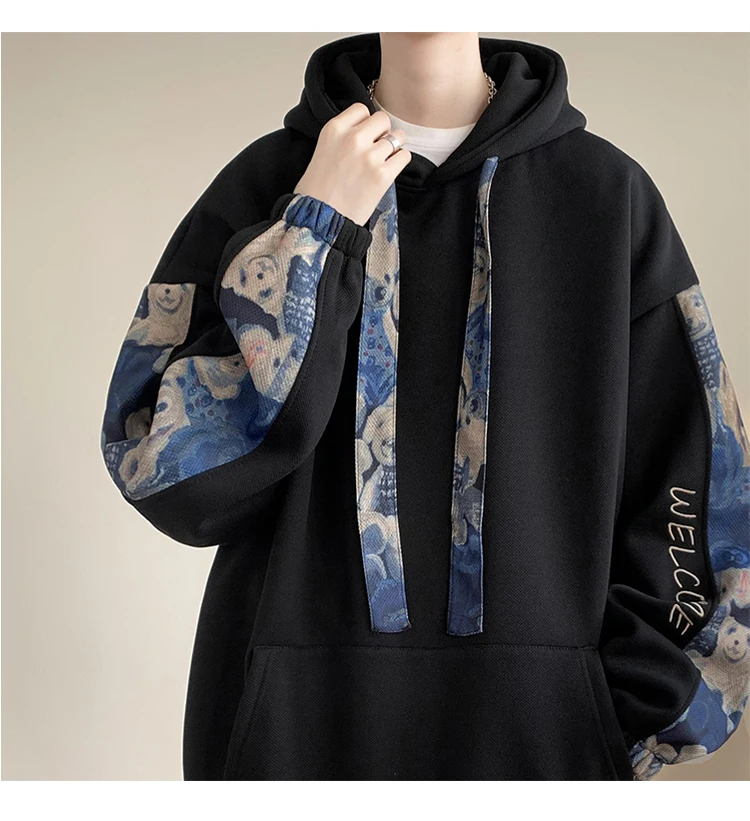 Korean Style Streetwear Men Hooded Sweatshirt Trendy Side Embroidery Design Loose Hoodie Casual Drawstring Hoodies