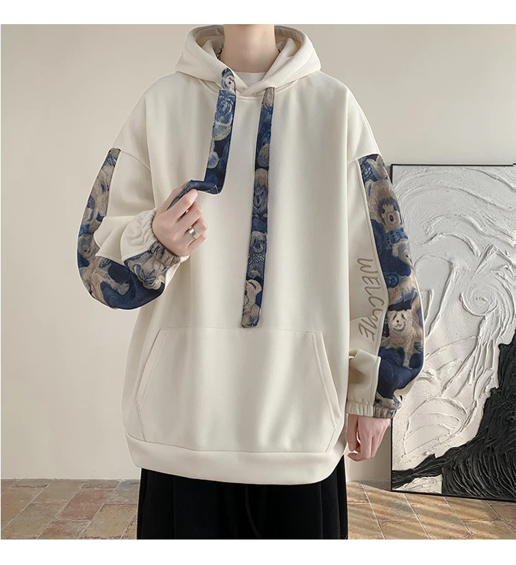 Korean Style Streetwear Men Hooded Sweatshirt Trendy Side Embroidery Design Loose Hoodie Casual Drawstring Hoodies