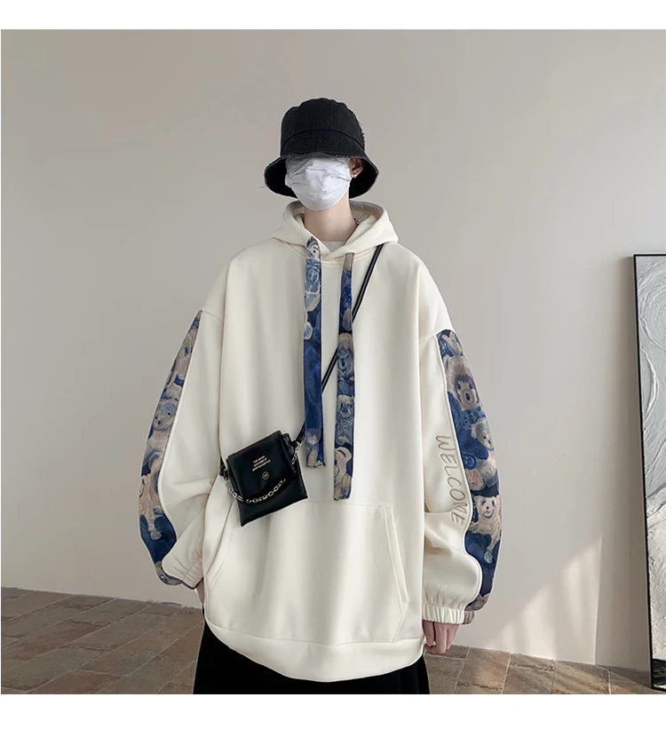 Korean Style Streetwear Men Hooded Sweatshirt Trendy Side Embroidery Design Loose Hoodie Casual Drawstring Hoodies