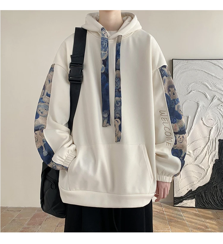 Korean Style Streetwear Men Hooded Sweatshirt Trendy Side Embroidery Design Loose Hoodie Casual Drawstring Hoodies