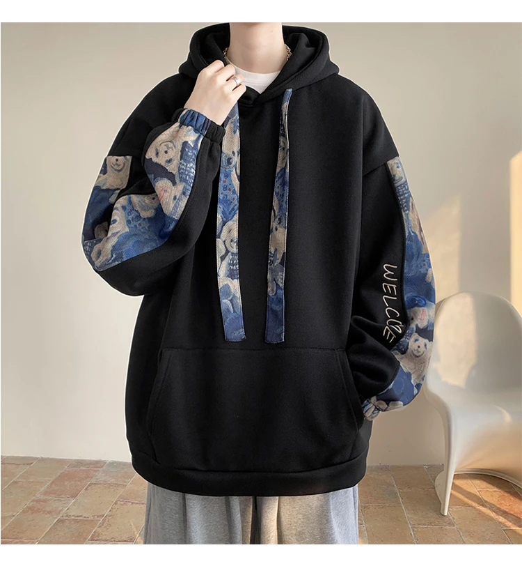 Korean Style Streetwear Men Hooded Sweatshirt Trendy Side Embroidery Design Loose Hoodie Casual Drawstring Hoodies