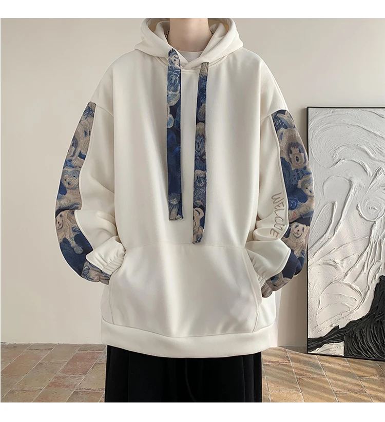 Korean Style Streetwear Men Hooded Sweatshirt Trendy Side Embroidery Design Loose Hoodie Casual Drawstring Hoodies