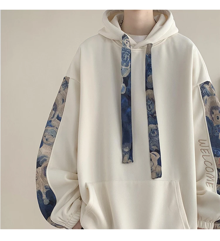 Korean Style Streetwear Men Hooded Sweatshirt Trendy Side Embroidery Design Loose Hoodie Casual Drawstring Hoodies