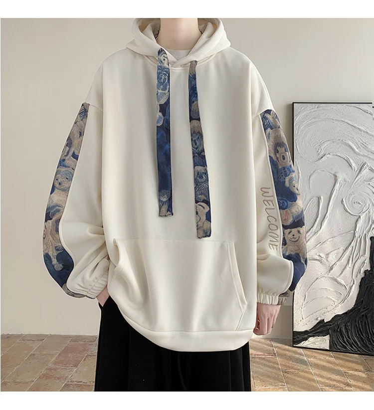 Korean Style Streetwear Men Hooded Sweatshirt Trendy Side Embroidery Design Loose Hoodie Casual Drawstring Hoodies