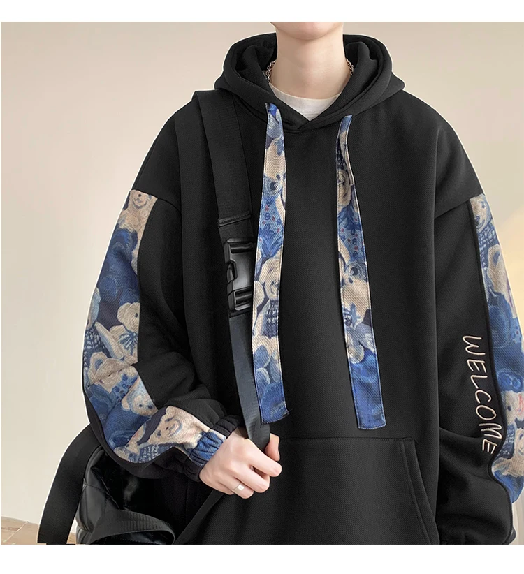 Korean Style Streetwear Men Hooded Sweatshirt Trendy Side Embroidery Design Loose Hoodie Casual Drawstring Hoodies
