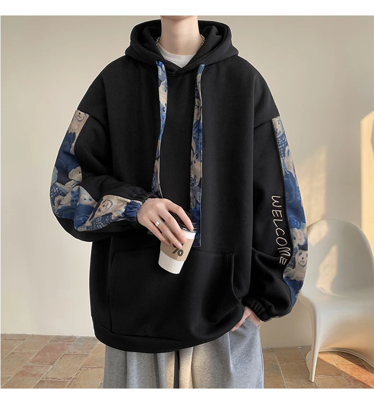 Korean Style Streetwear Men Hooded Sweatshirt Trendy Side Embroidery Design Loose Hoodie Casual Drawstring Hoodies