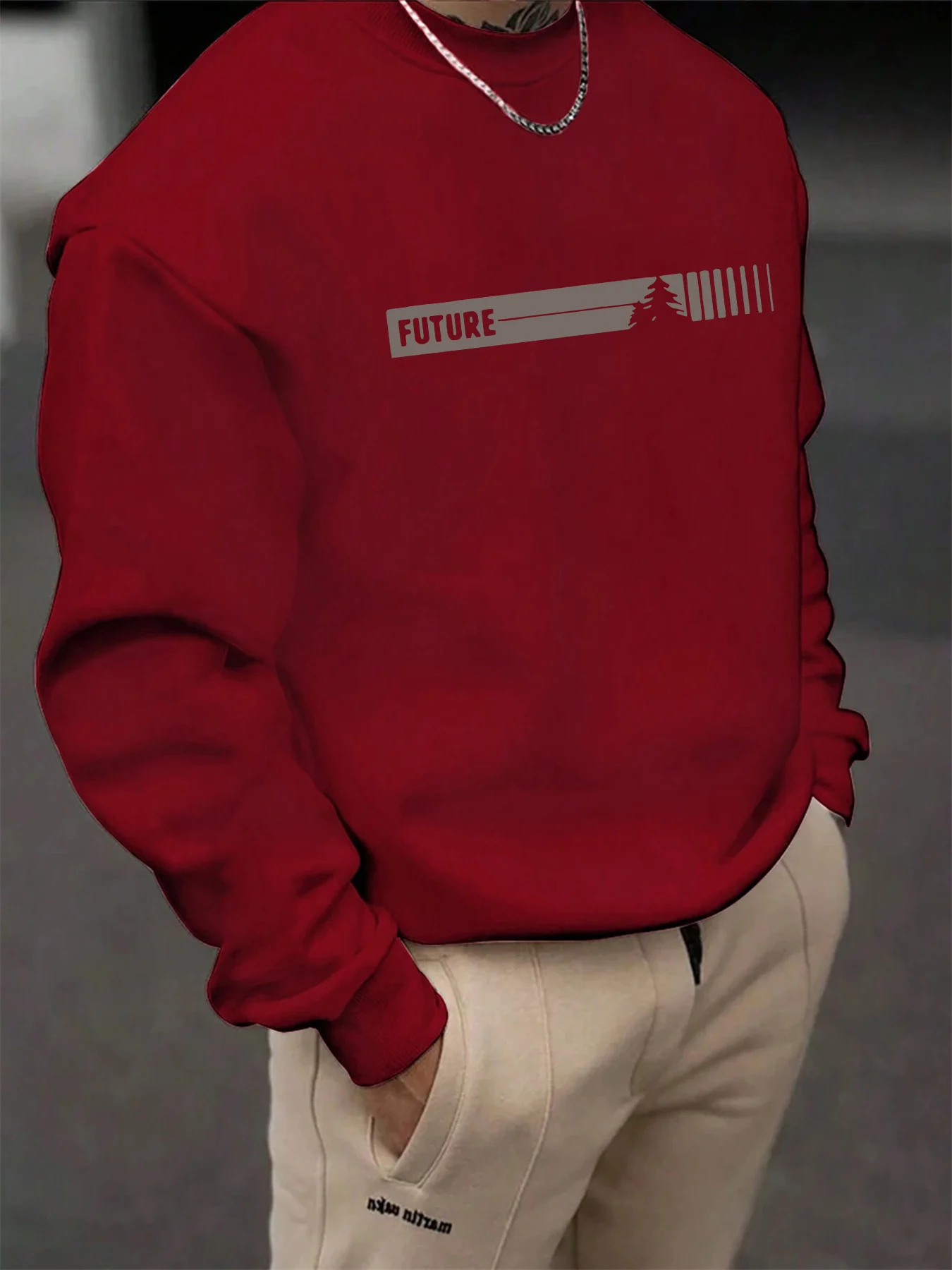 Men's Autumn and Winter Fashionable Casual Loose Futune Letter Graphic Printed Long Sleeved Round Neck Sweatshirt