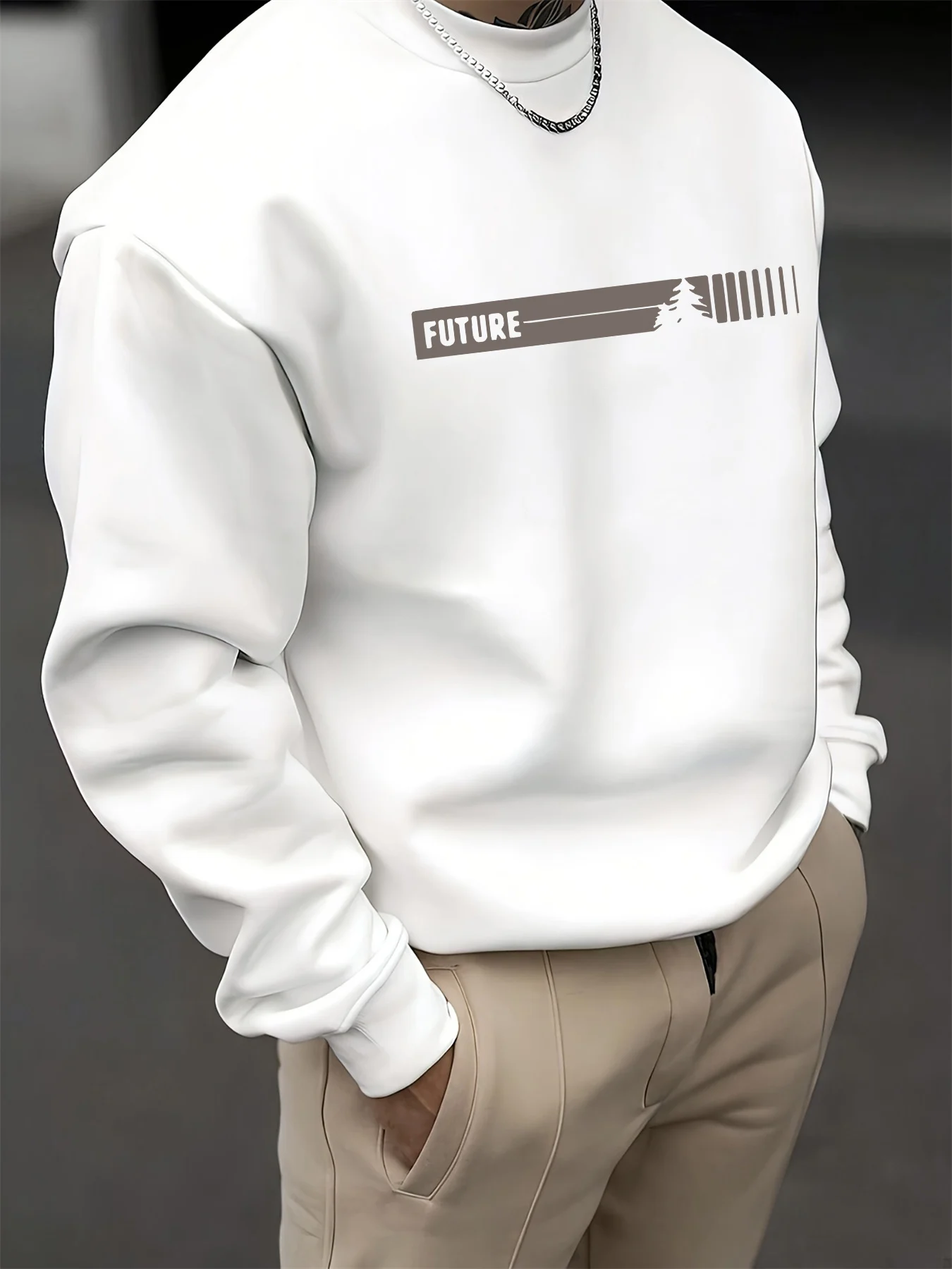 Men's Autumn and Winter Fashionable Casual Loose Futune Letter Graphic Printed Long Sleeved Round Neck Sweatshirt