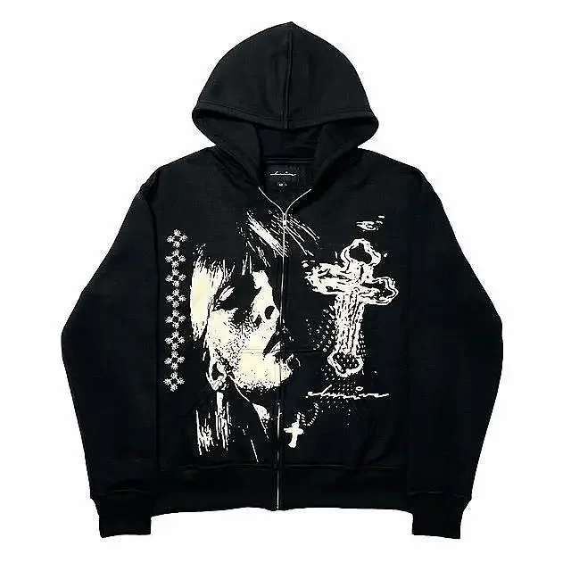 2024 American Retro Cross Print New Black Loose Zipper Hoodie Men's Street Harajuku Super David Jacket Y2K Punk Couple Jacket