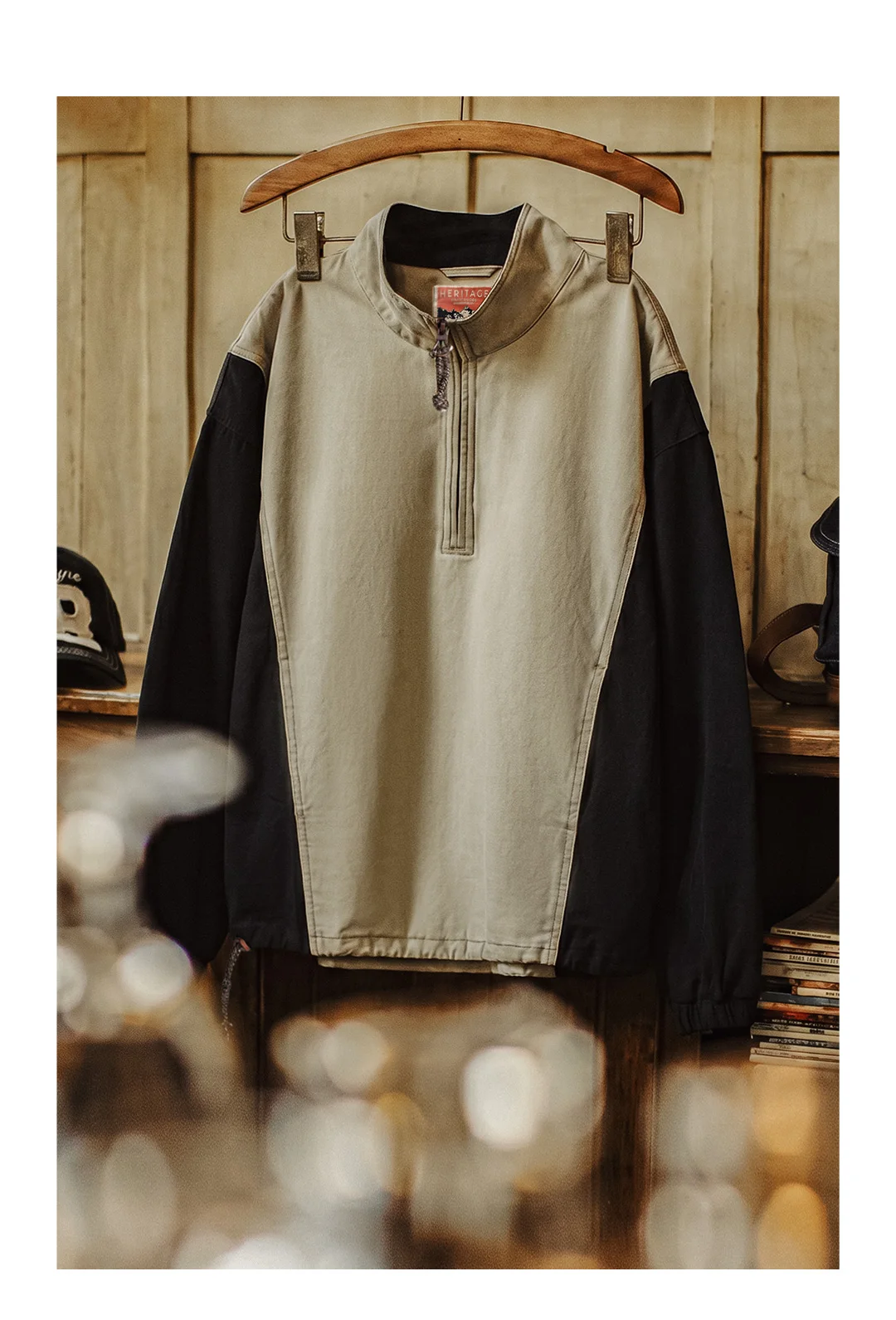Maden Men's Half Zip Sweatshirt Cotton Stand Collar Pullover Color Block Loose Fit Workwear Streetwear Casual Top Fall