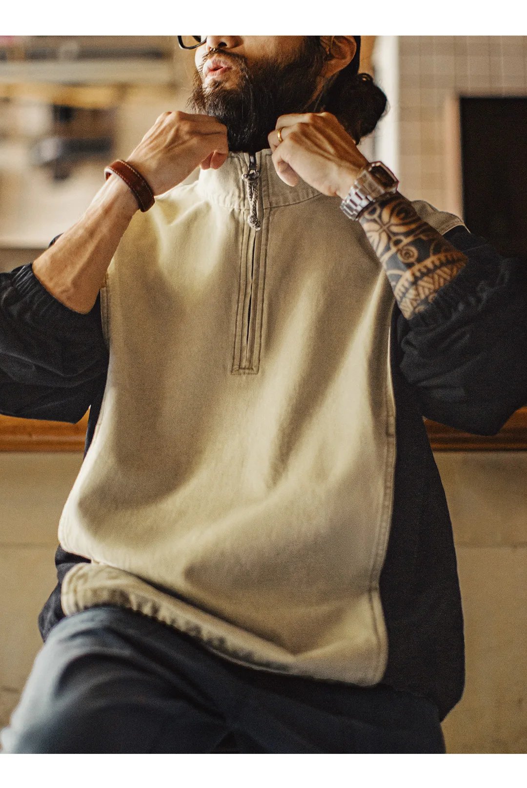 Maden Men's Half Zip Sweatshirt Cotton Stand Collar Pullover Color Block Loose Fit Workwear Streetwear Casual Top Fall