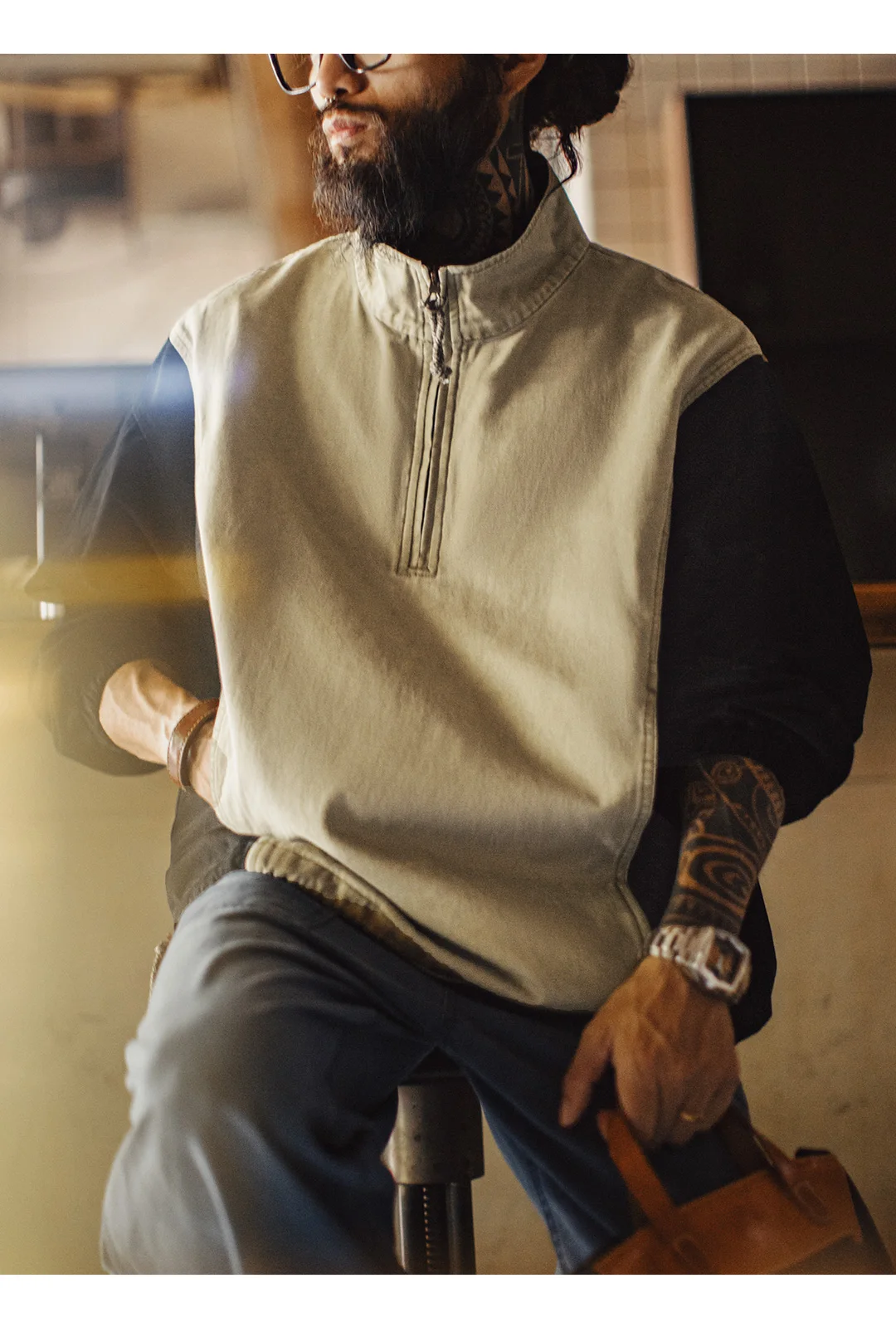 Maden Men's Half Zip Sweatshirt Cotton Stand Collar Pullover Color Block Loose Fit Workwear Streetwear Casual Top Fall
