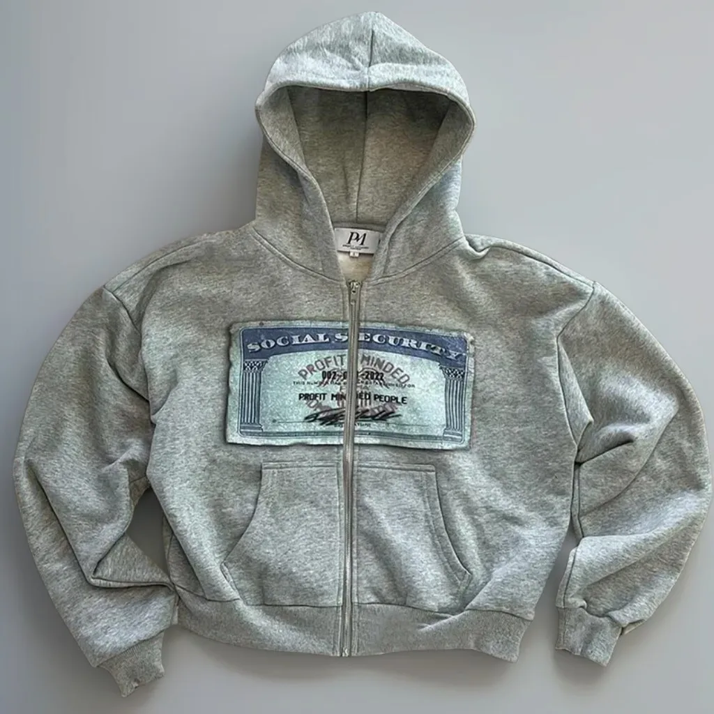 Y2K retro grey zip hoodies women card printed cardigan long sleeves personalized patterns new york street style street hooded