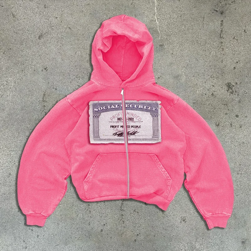 Y2K retro grey zip hoodies women card printed cardigan long sleeves personalized patterns new york street style street hooded