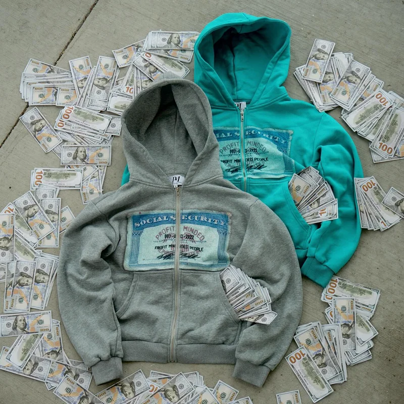 Y2K retro grey zip hoodies women card printed cardigan long sleeves personalized patterns new york street style street hooded