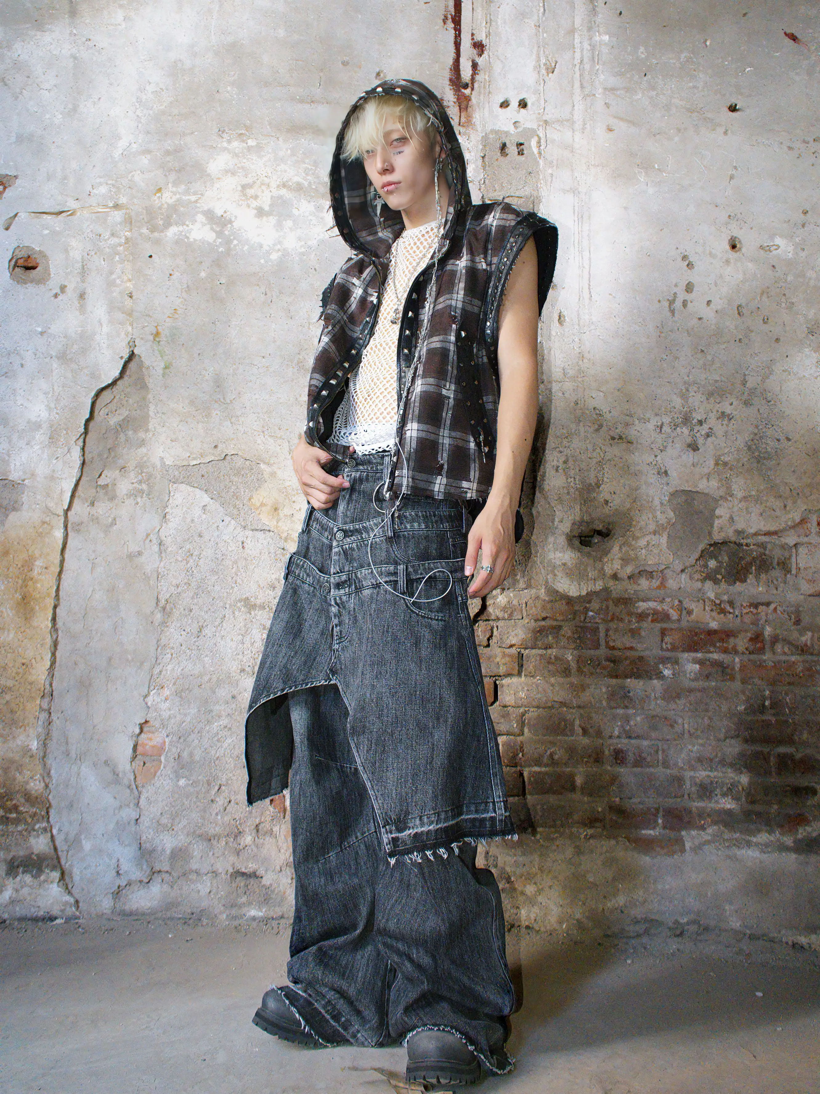 Mauroicardi Autumn Studded Patchwork Plaid Hoodie Vest Sweatshirt for Men Luxury Designer Clothes Menswear Sleeveless Jacket