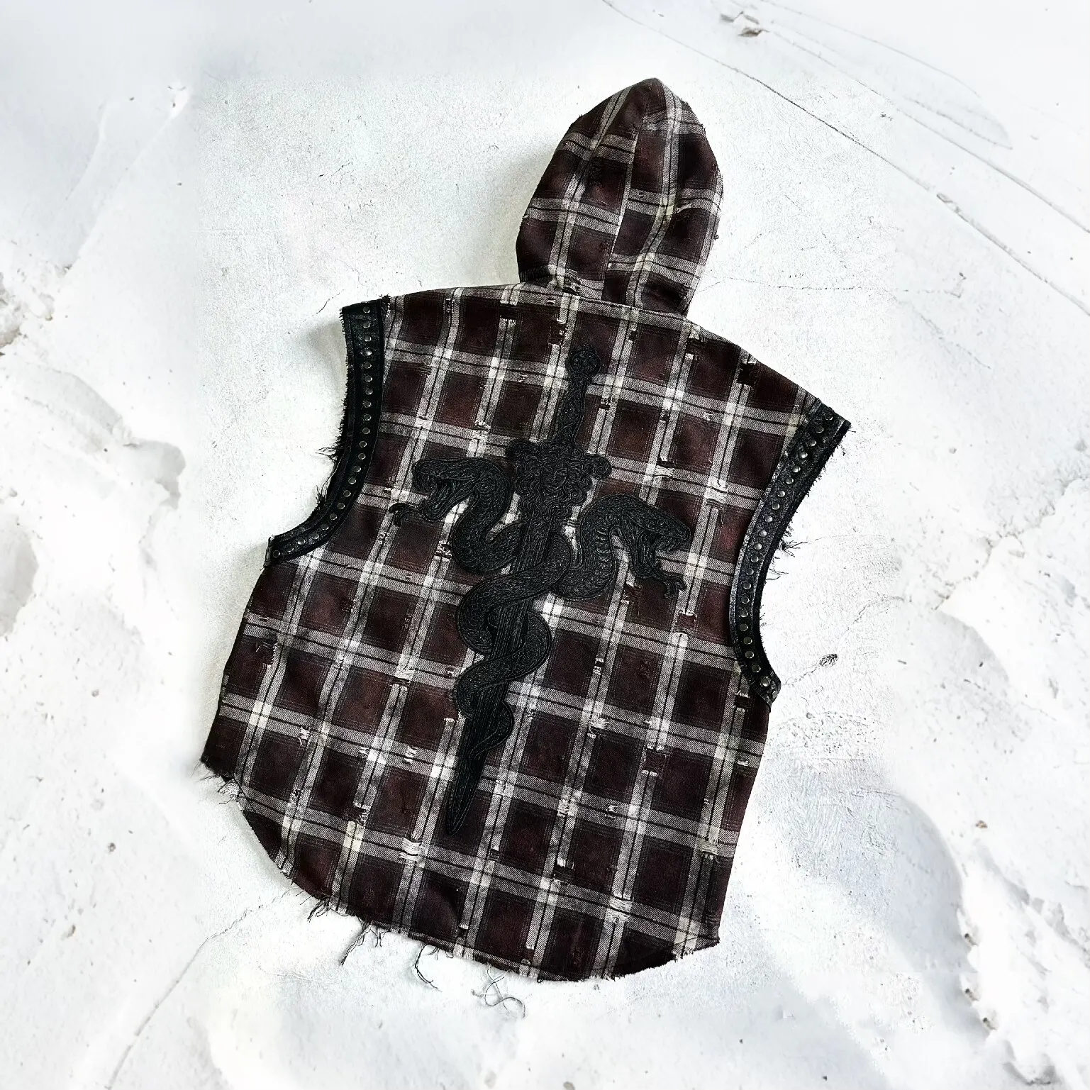 Mauroicardi Autumn Studded Patchwork Plaid Hoodie Vest Sweatshirt for Men Luxury Designer Clothes Menswear Sleeveless Jacket