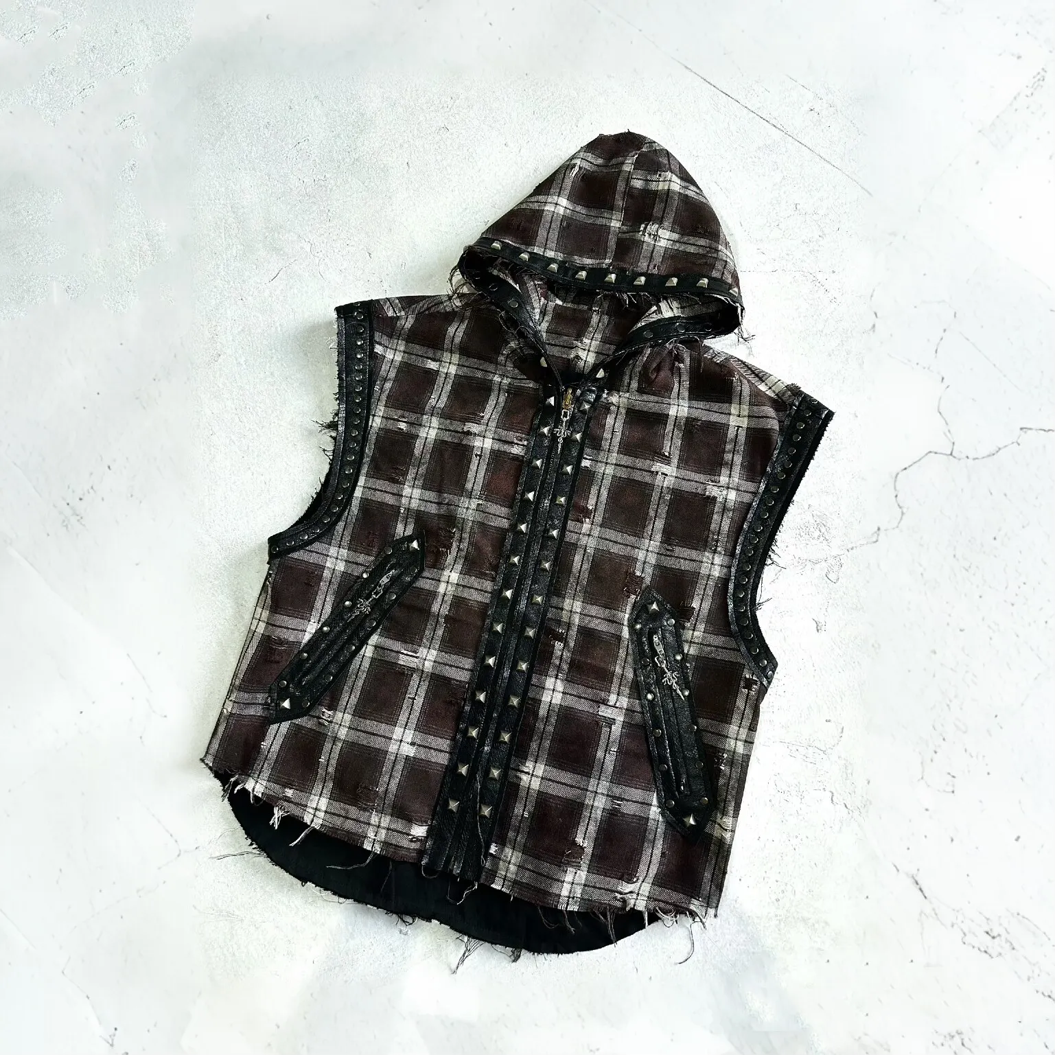 Mauroicardi Autumn Studded Patchwork Plaid Hoodie Vest Sweatshirt for Men Luxury Designer Clothes Menswear Sleeveless Jacket