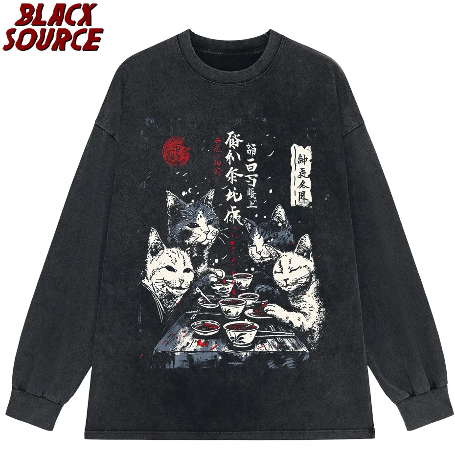 T251 Funny Cute Japanese Cat Graphic Hoodie, Cat Lover Pullover Sweatshirt, Women's Casual Streetwear, Artistic Print