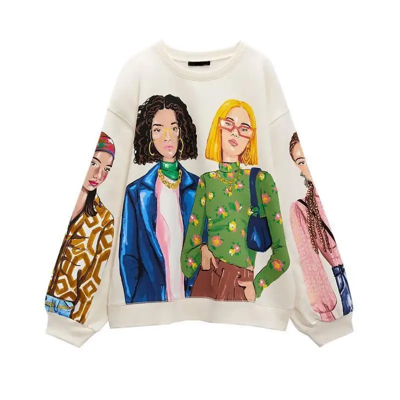 Sivatu TRAF Women Sweatshirts 2026 New Fashion Beauty Girls Print Casual Sweatshirts Female O Neck Hoodies Chic Pullovers Tops