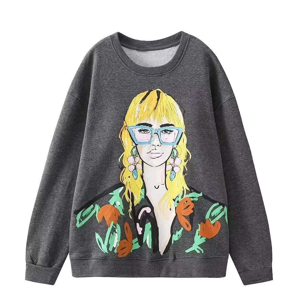 Sivatu TRAF Women Sweatshirts 2026 New Fashion Beauty Girls Print Casual Sweatshirts Female O Neck Hoodies Chic Pullovers Tops