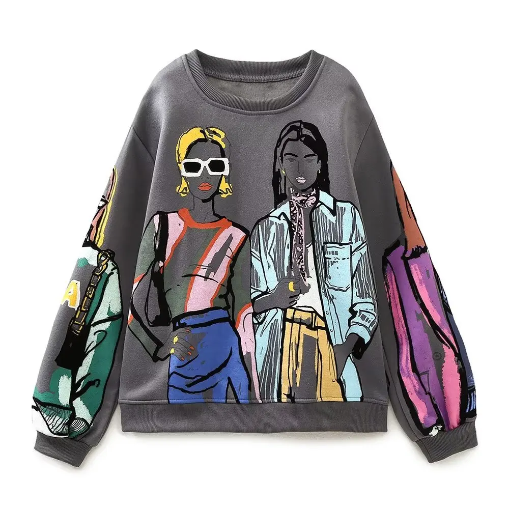 Sivatu TRAF Women Sweatshirts 2026 New Fashion Beauty Girls Print Casual Sweatshirts Female O Neck Hoodies Chic Pullovers Tops