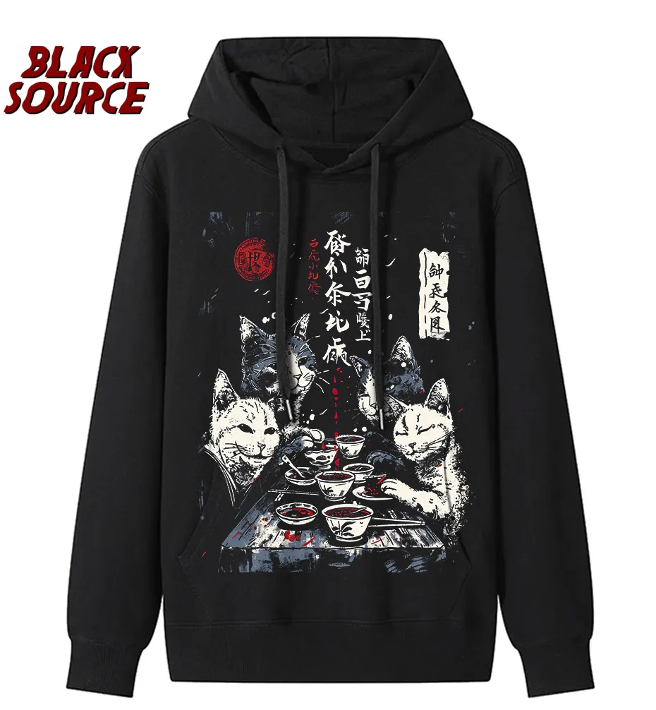 T149 Men's Japanese Harajuku Funny Cartoon Cat Graphic Hoodie, Casual Pullover Sweatshirt, Streetwear Hip Hop Unisex