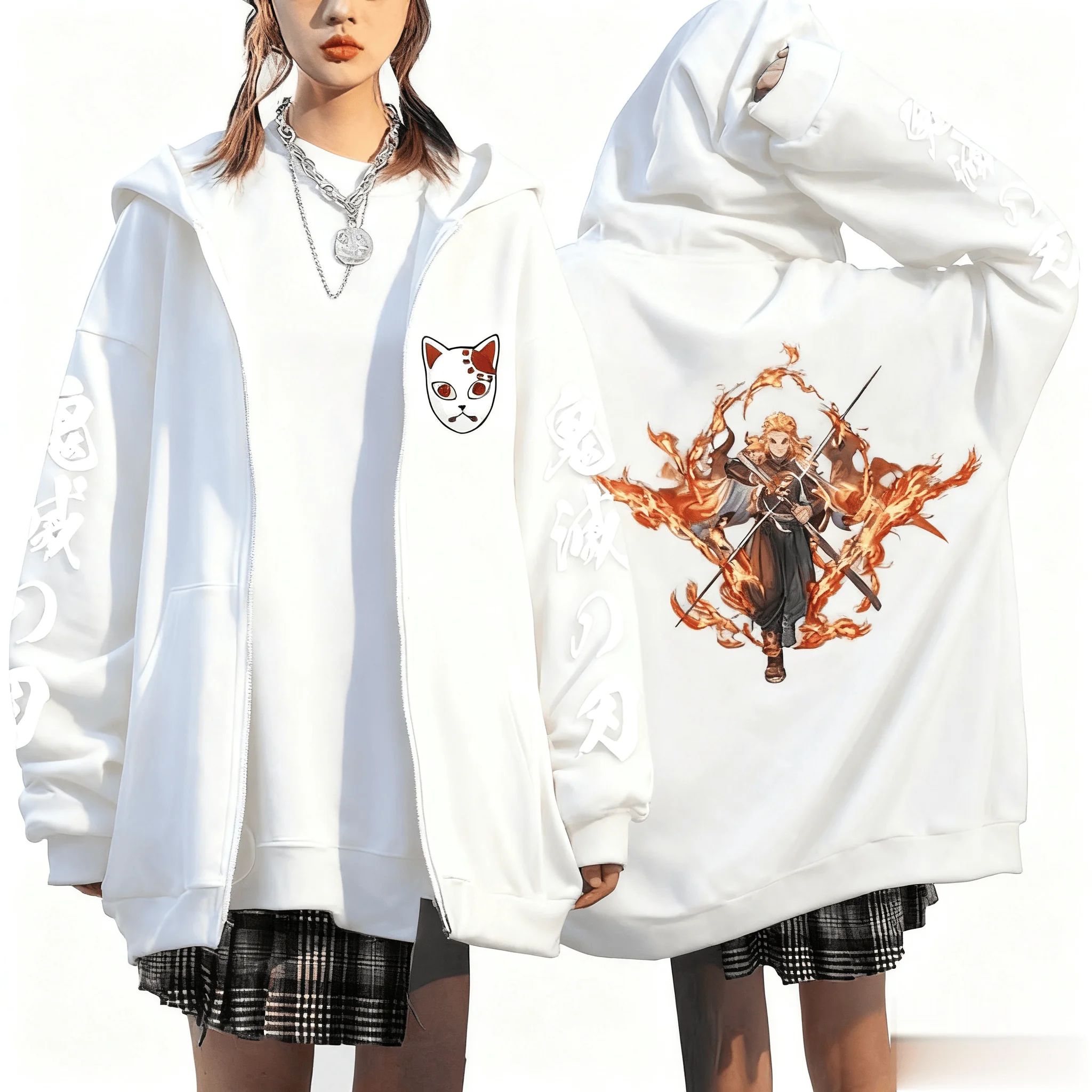 Kyojuro Rengoku Anime Hooded Jacket Men Women Loose Casual Streetwear Zip Up Sweatshirt Demon Slayer Graphic Print Autumn Winter